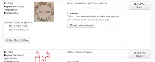 MDB search results showing a San Antonio Missions stamp with its image, type, status, notes, location and last confirmation.
