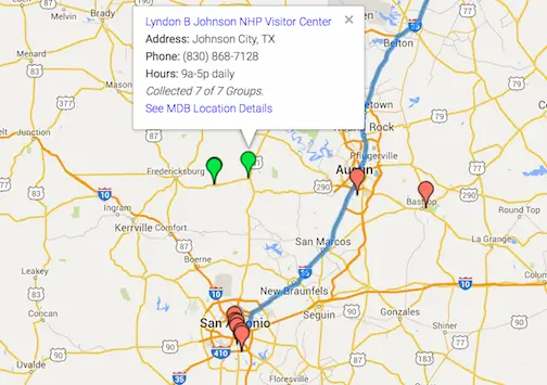 A map of a route from San Antonio to Austin with stamp locations marked along it, one showing visitor center details.